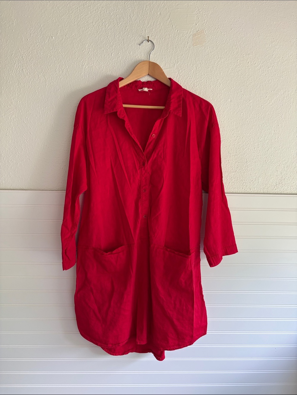Organic Linen Eileen Fisher Red Button-Front Tunic Top